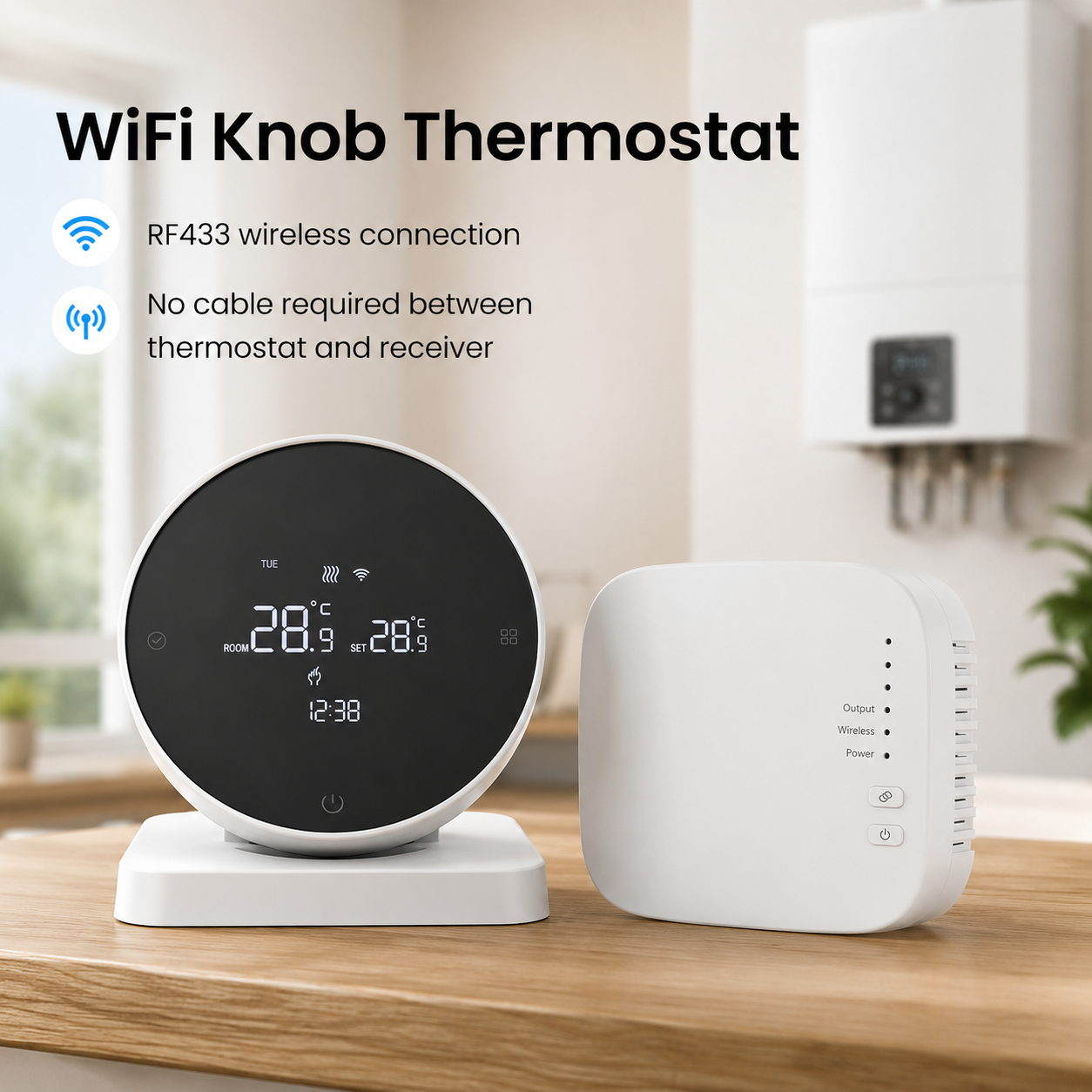 WiFi knob thermostat with RF receiver for boiler heating