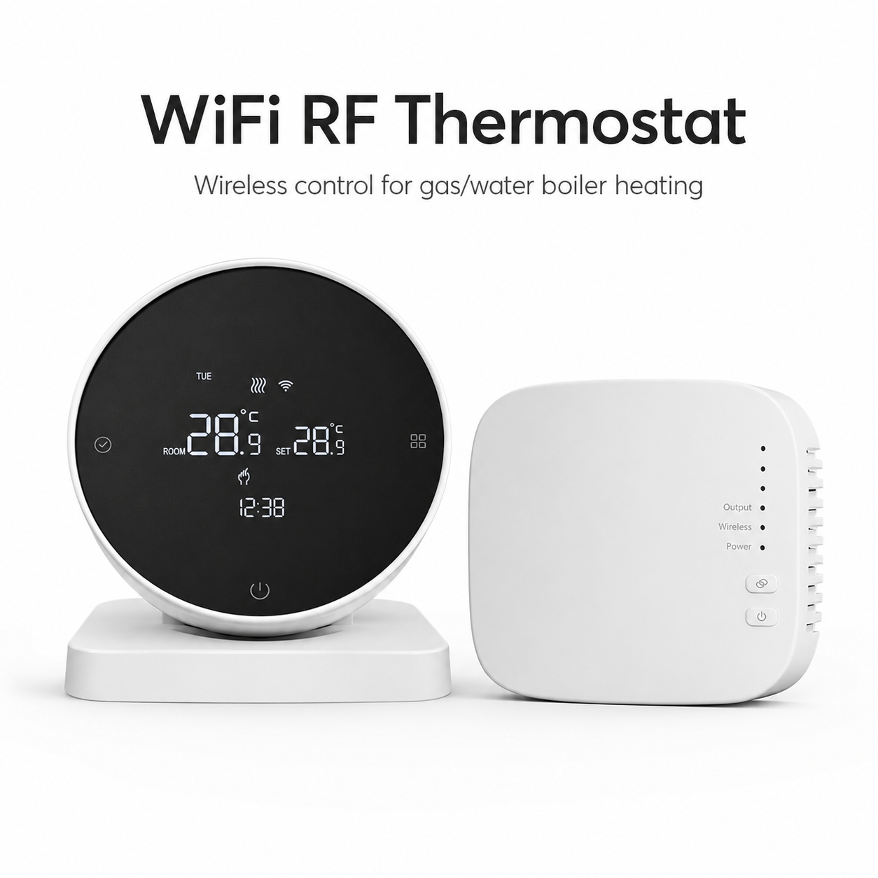 WiFi RF thermostat and receiver studio image for boiler heating
