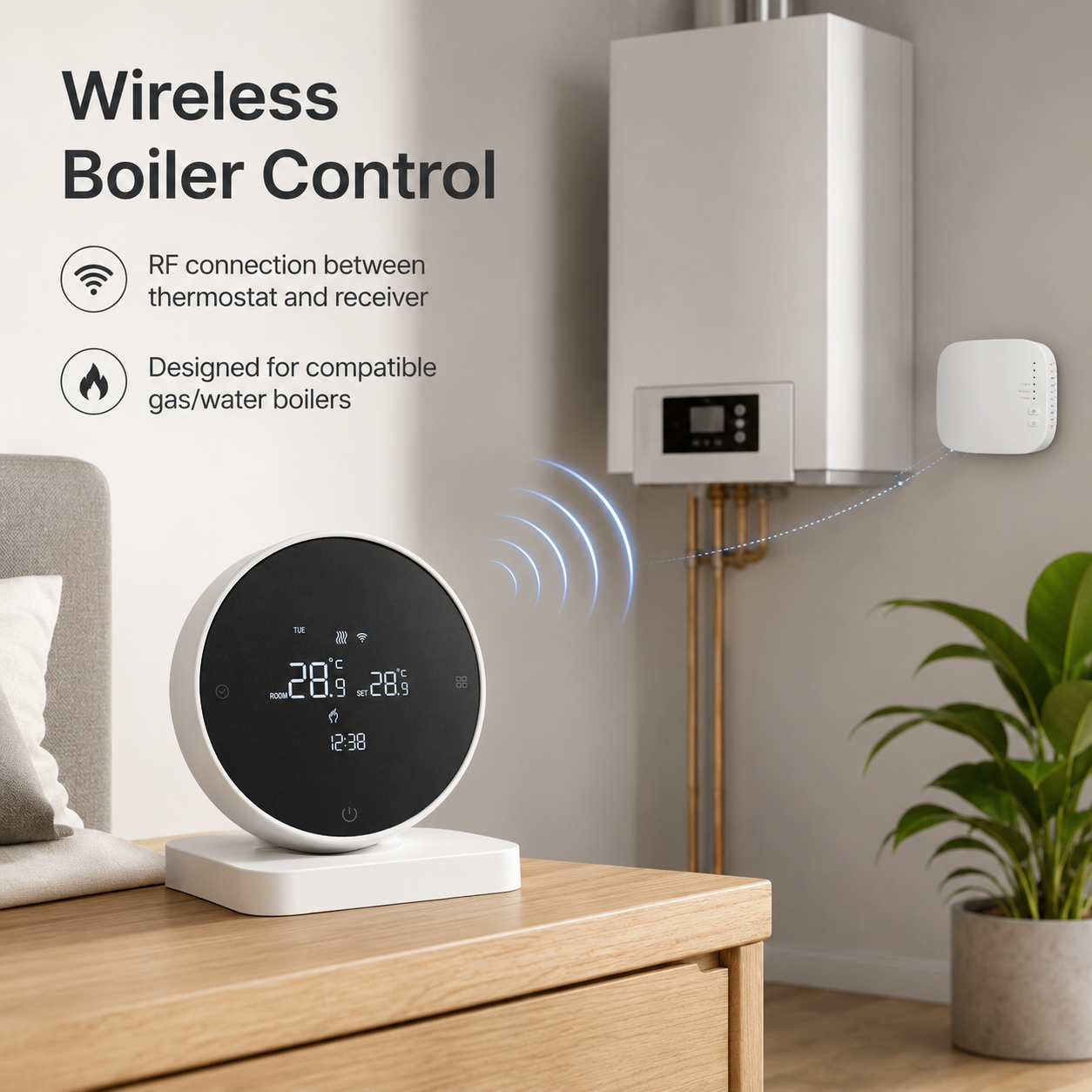 Wireless boiler control visual for WiFi RF thermostat and receiver