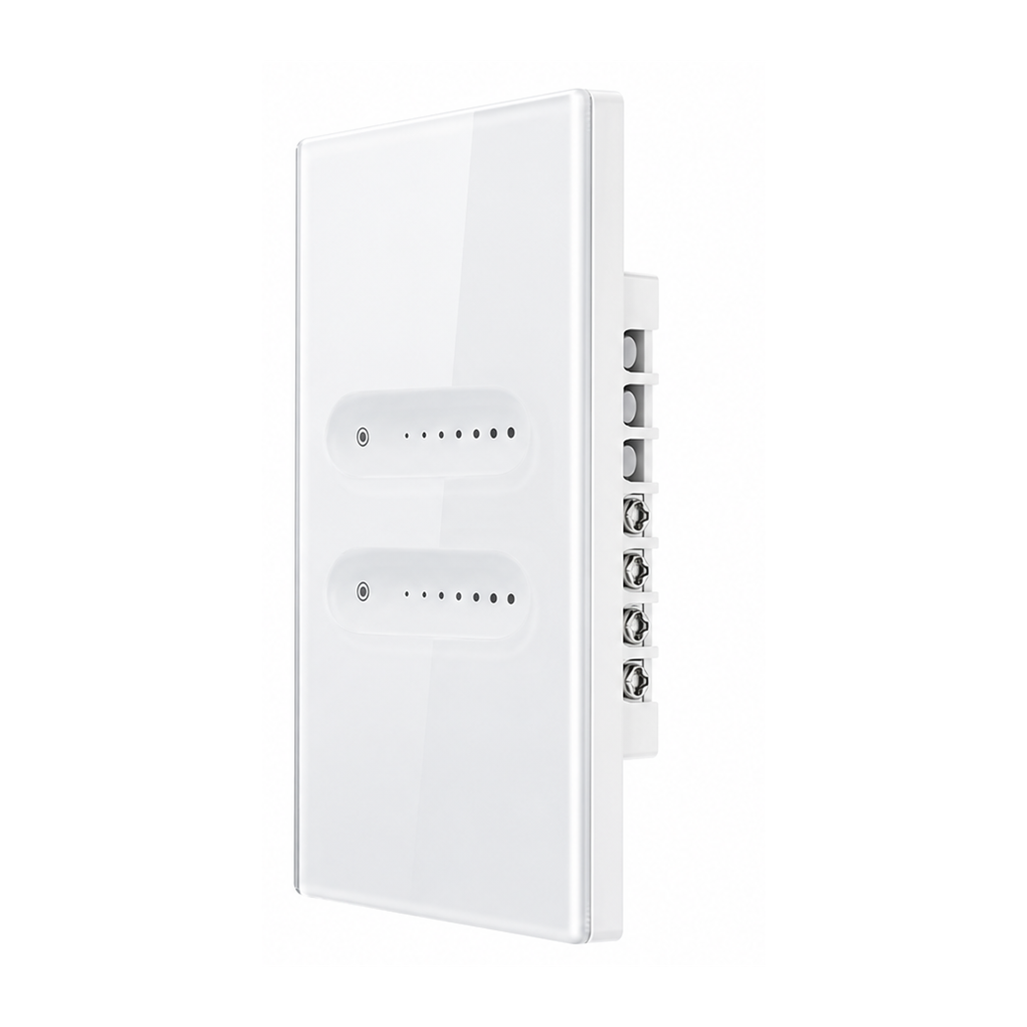 Variateur NéoBeam Essential Wi-Fi vertical blanc pur 2 canaux en vue inclinée sur fond studio blanc.