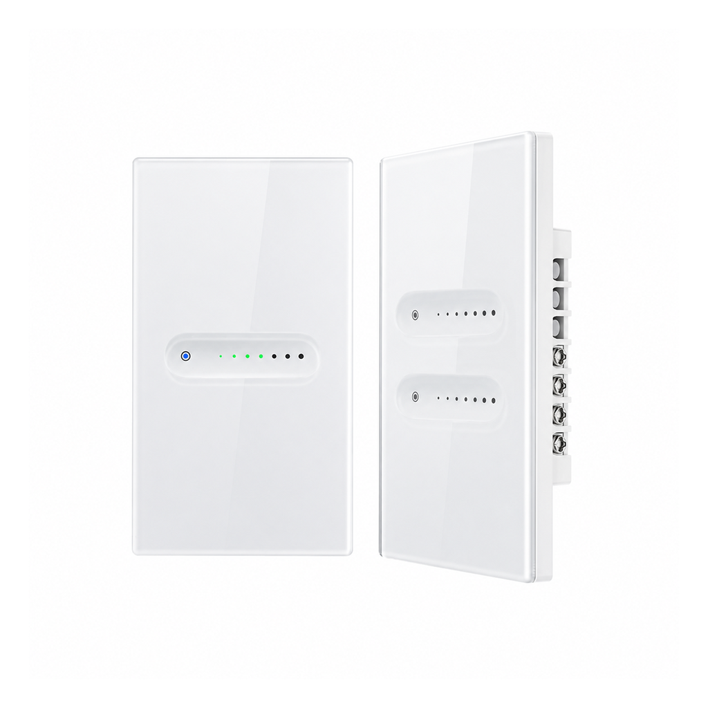 Variateurs NéoBeam Essential Wi-Fi vertical blanc en versions 1 canal et 2 canaux sur fond studio blanc.