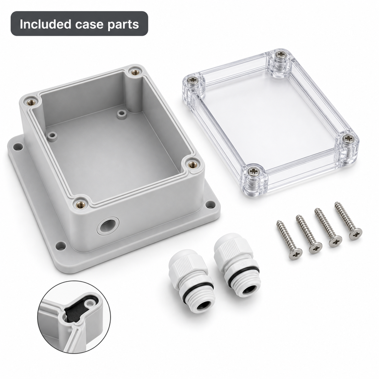 Exploded accessory packshot of IP66 case base transparent lid screws cable glands and gasket detail