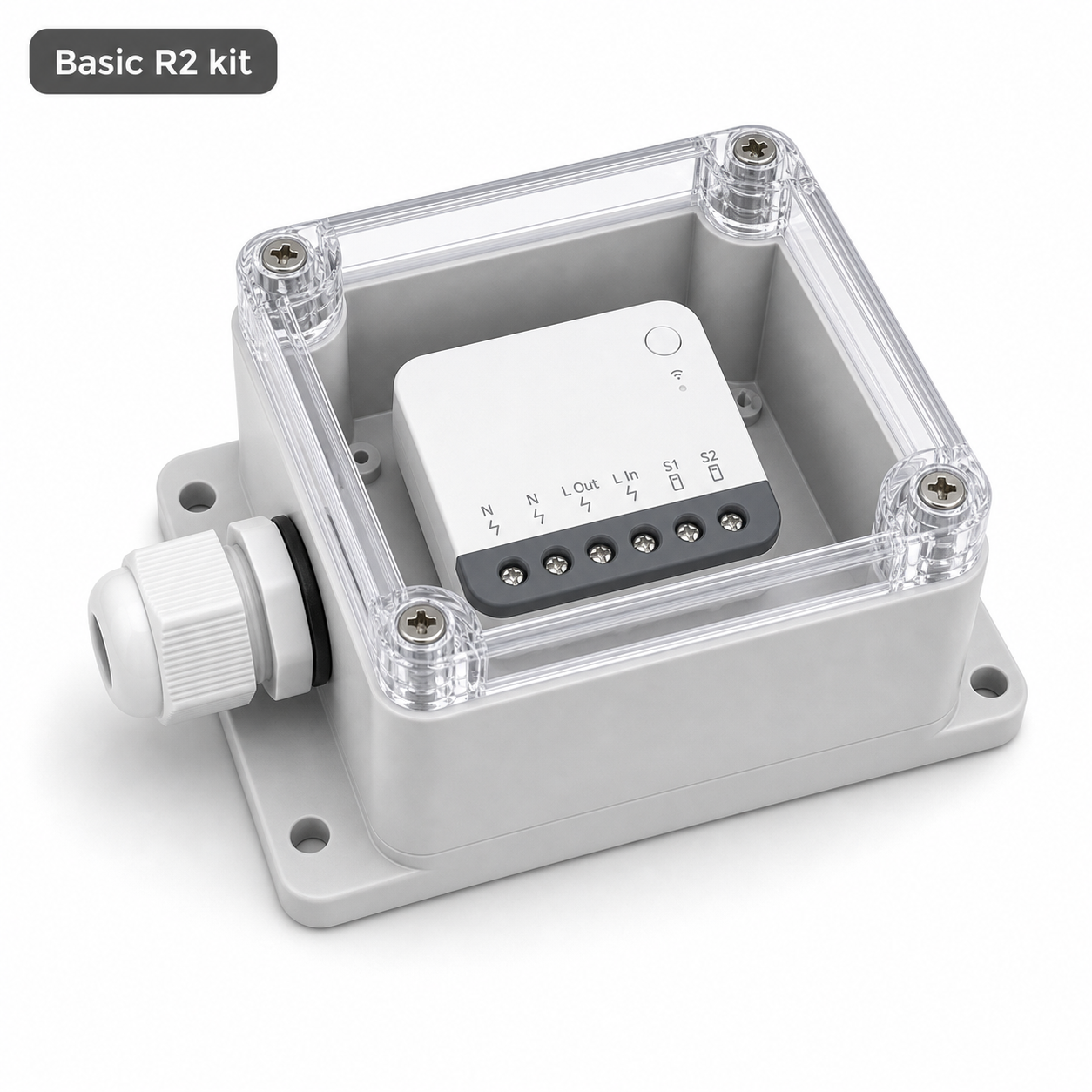 Basic R2 kit variant with generic relay module installed inside IP66 protective case