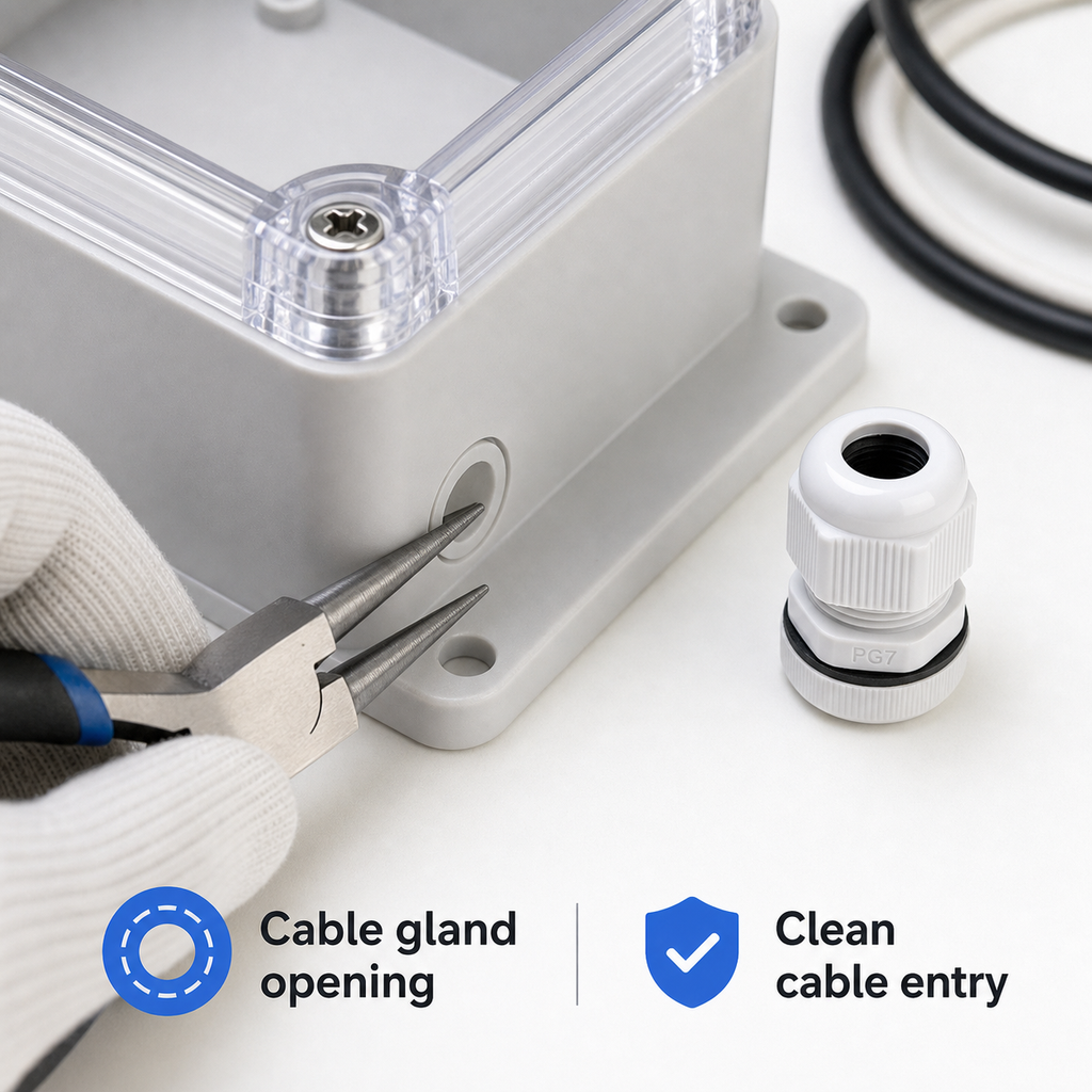Cable gland opening detail for clean cable entry on IP66 protective case