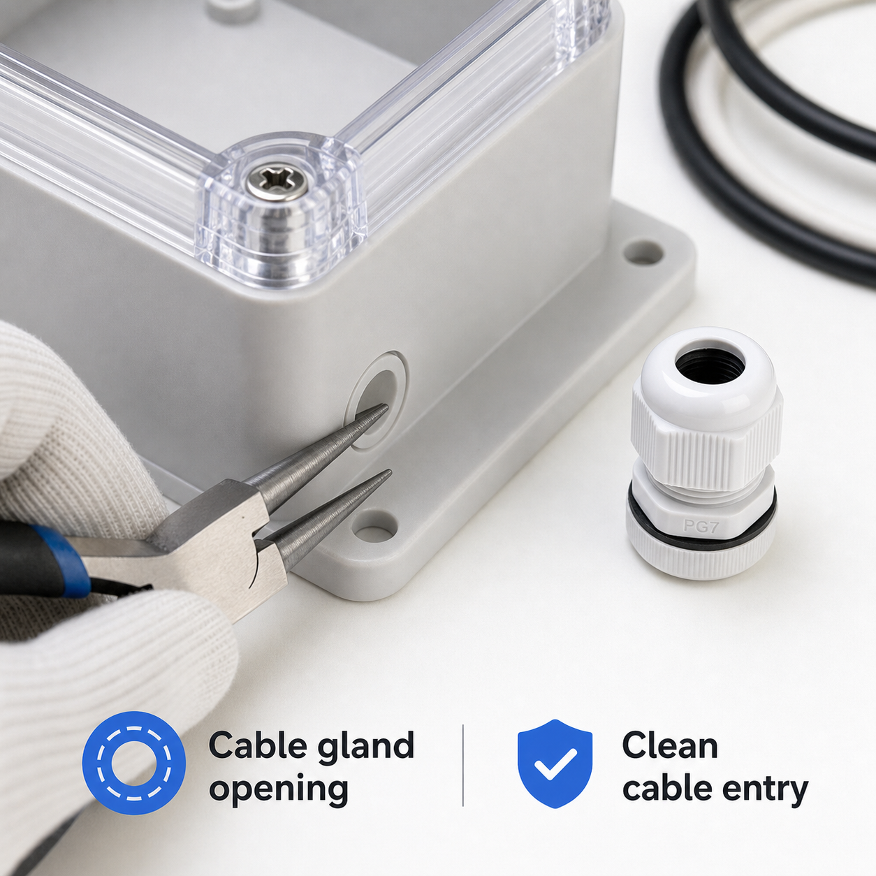 Cable gland opening detail for clean cable entry on IP66 protective case