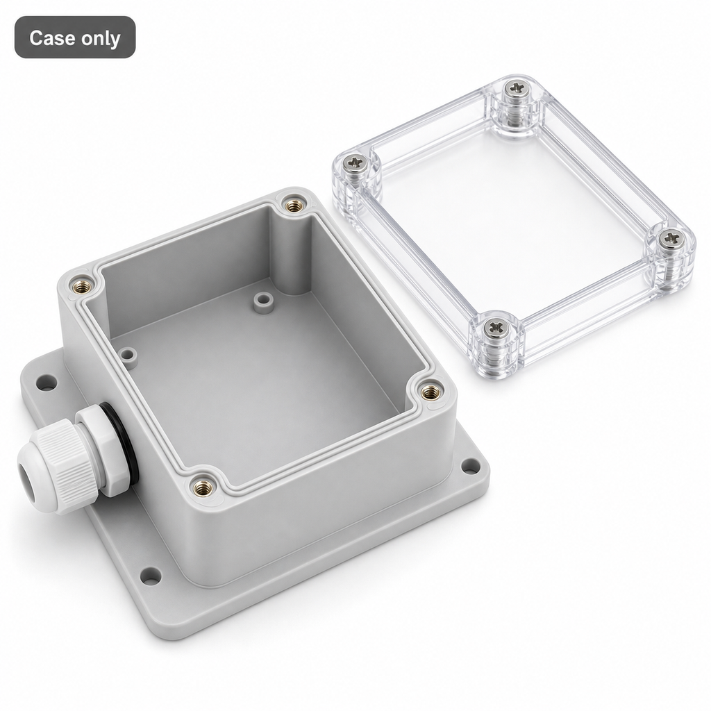 Case only variant packshot of IP66 protective enclosure with clear lid and cable gland