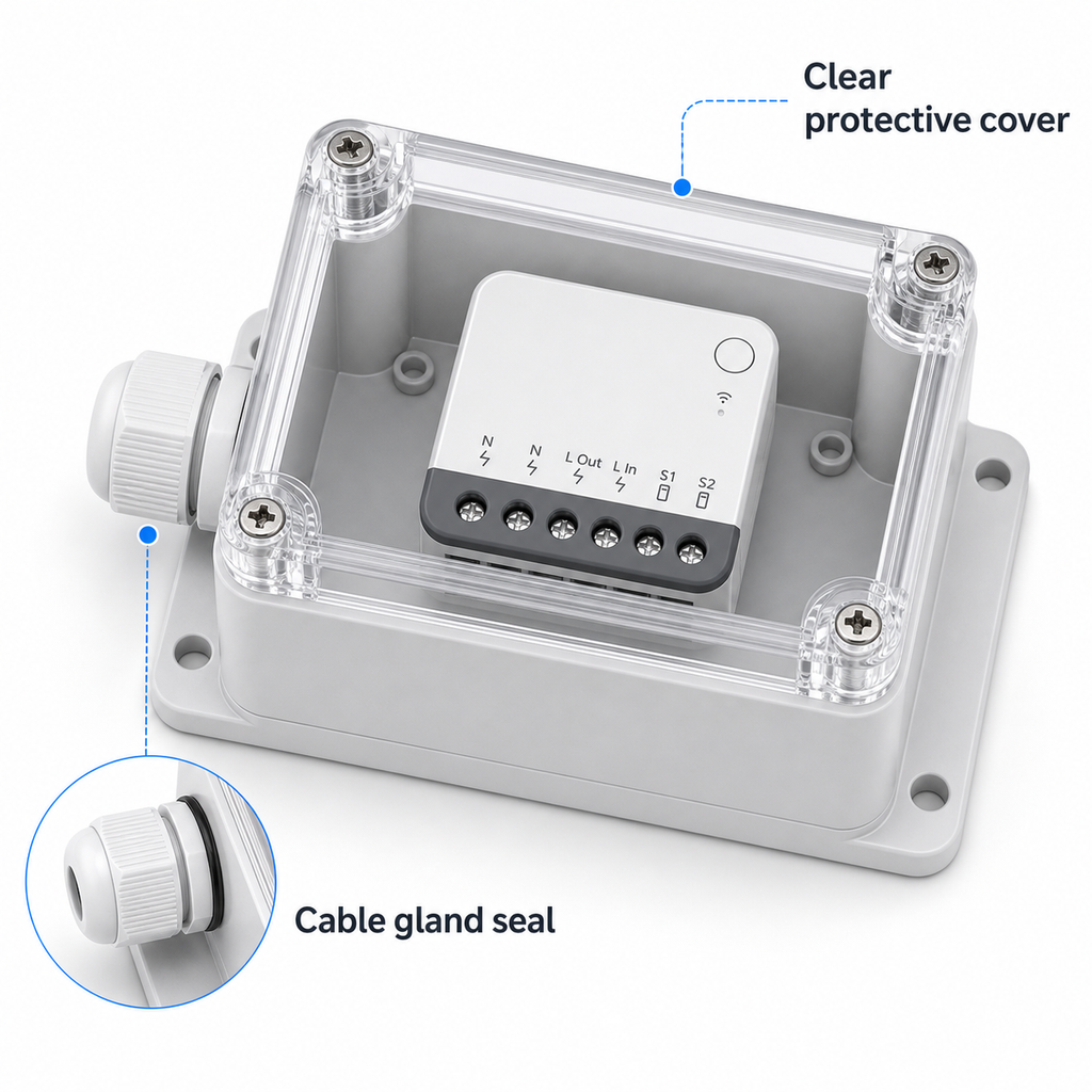 IP66 case with clear protective cover and cable gland seal detail