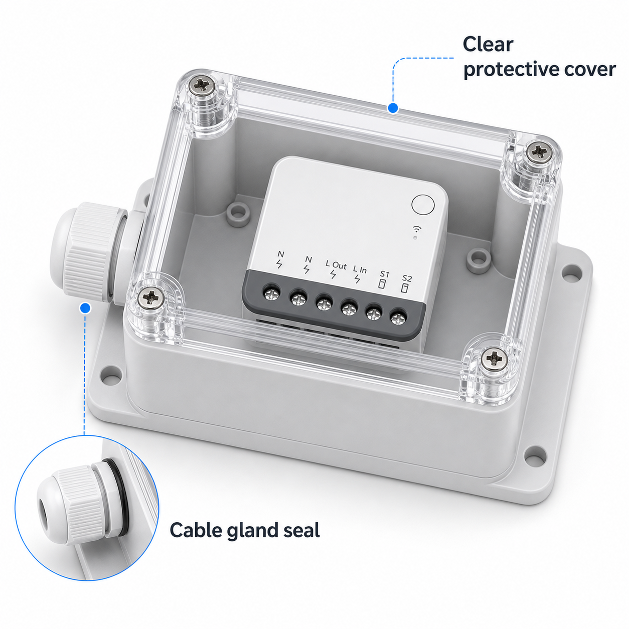 IP66 case with clear protective cover and cable gland seal detail