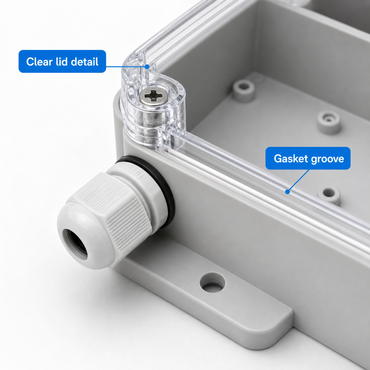 Close detail of IP66 case clear lid corner and gasket groove