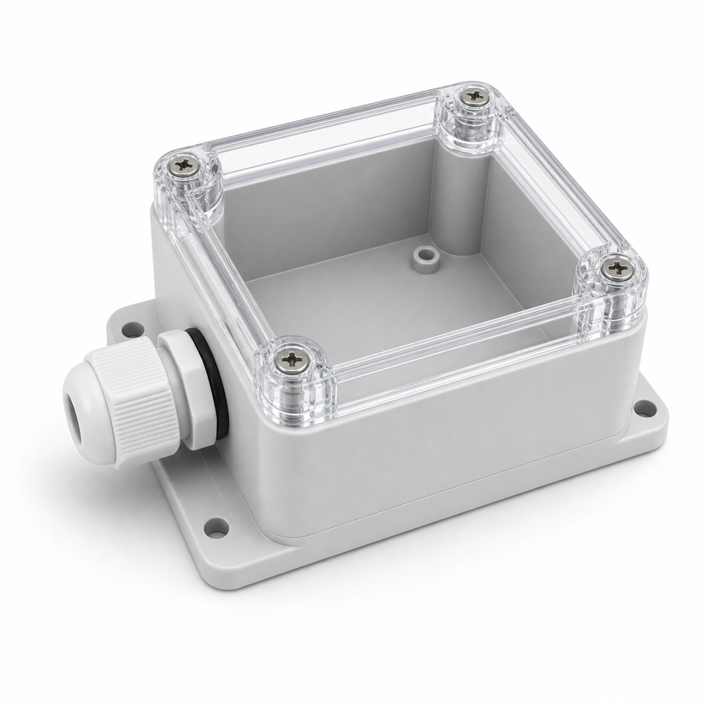 Closed IP66 case packshot with transparent lid and side cable gland