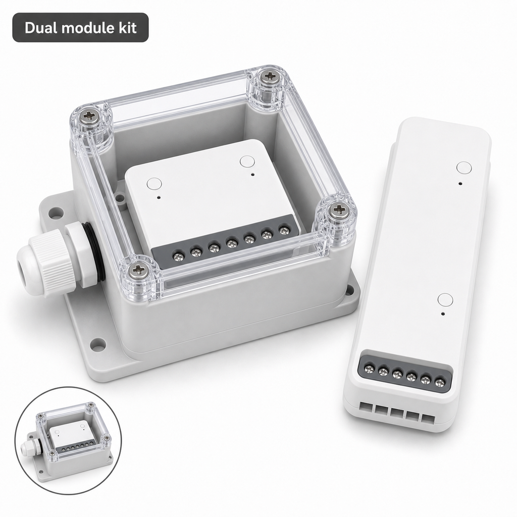 IP66 protective case kit with generic dual relay module beside the enclosure