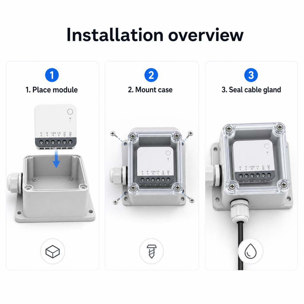 Three-step installation overview for placing module mounting case and sealing cable gland