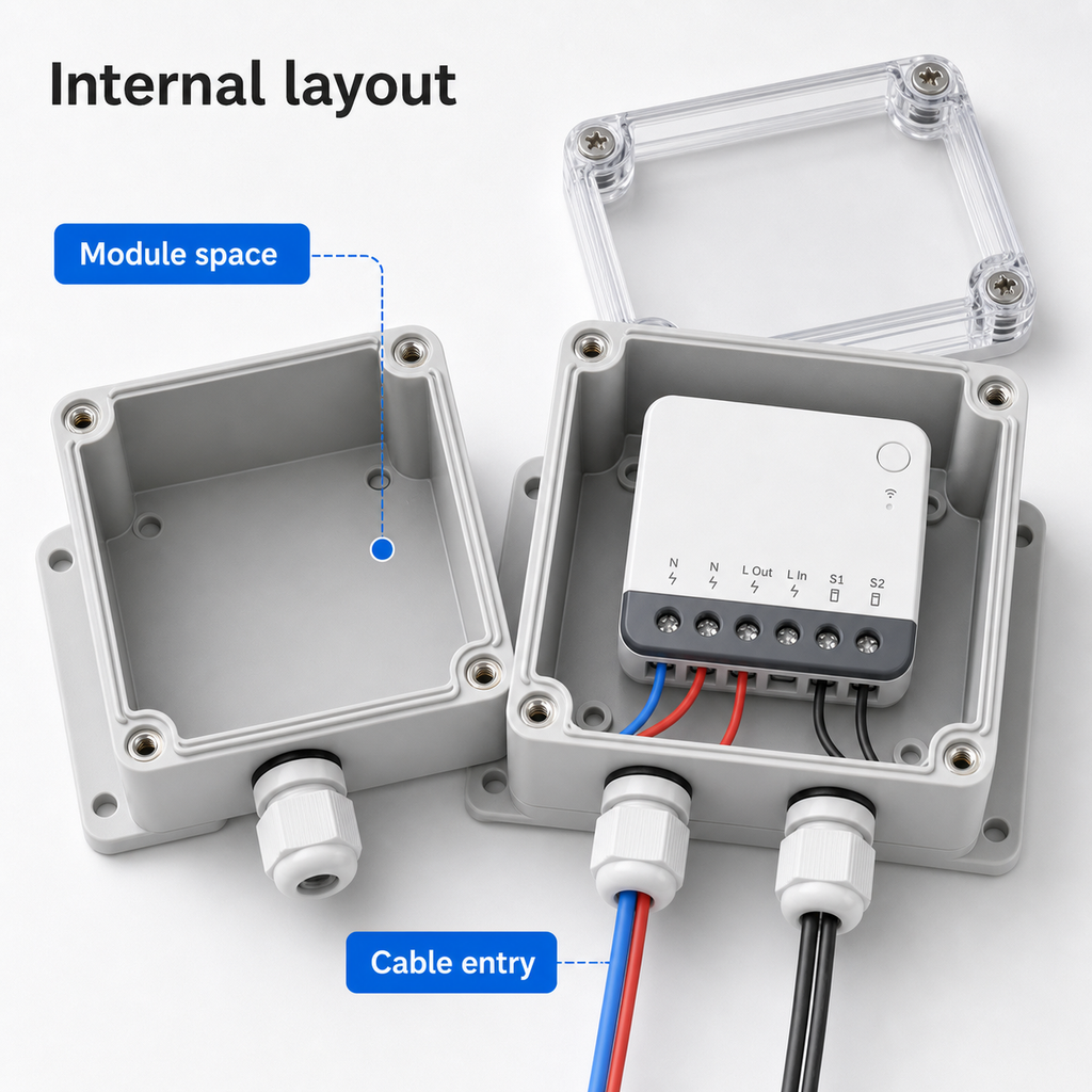 Internal layout view of IP66 case with module space and cable entry
