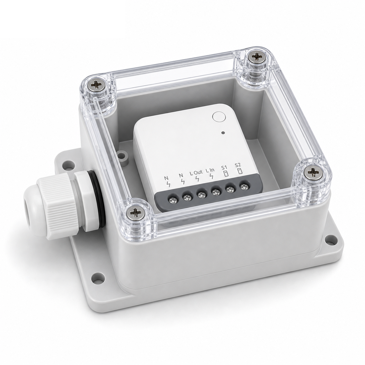 Boîtier IP66 NéoBox Pro avec module RF R2 sur fond blanc