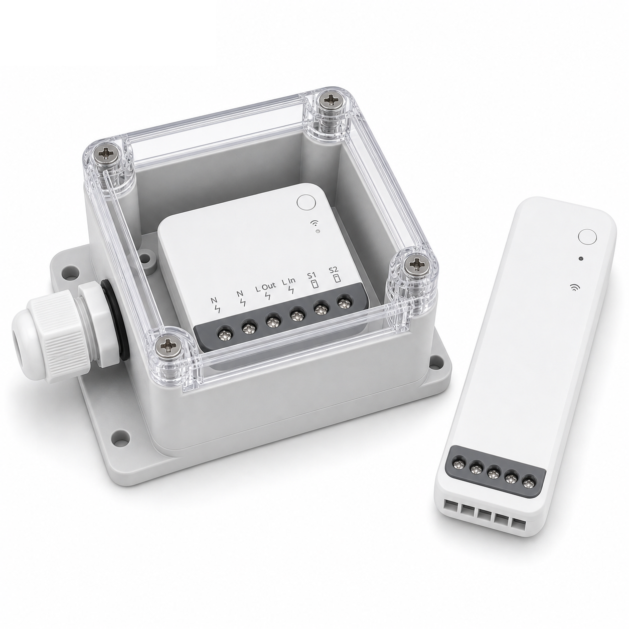 Boîtier IP66 NéoBox Pro avec module RF R3 sur fond blanc