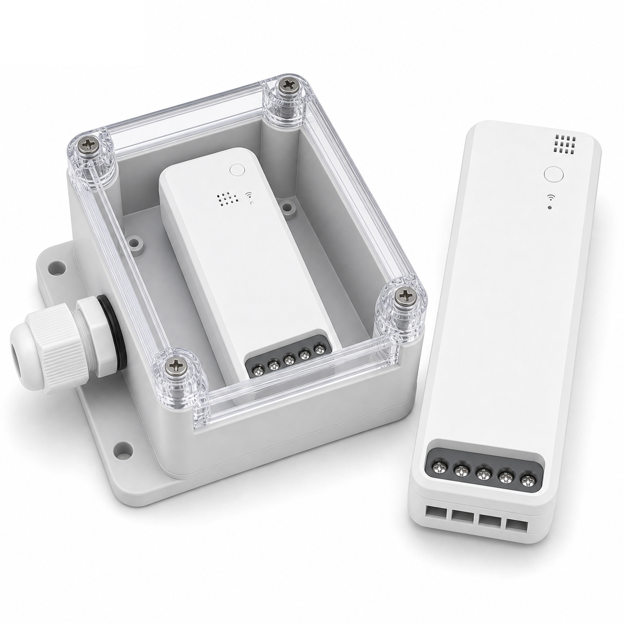Boîtier IP66 NéoBox Pro avec module TH16 sur fond blanc