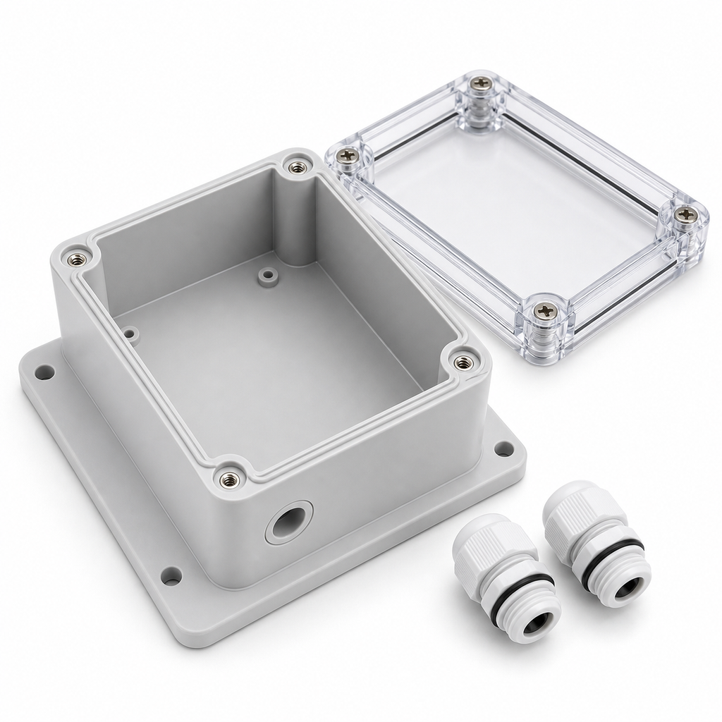 Open IP66 case packshot with transparent lid and two PG7 cable glands