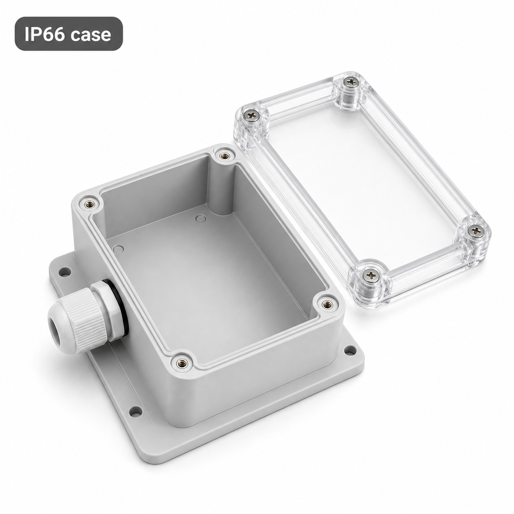 Open studio packshot of IP66 protective case with transparent lid and cable gland