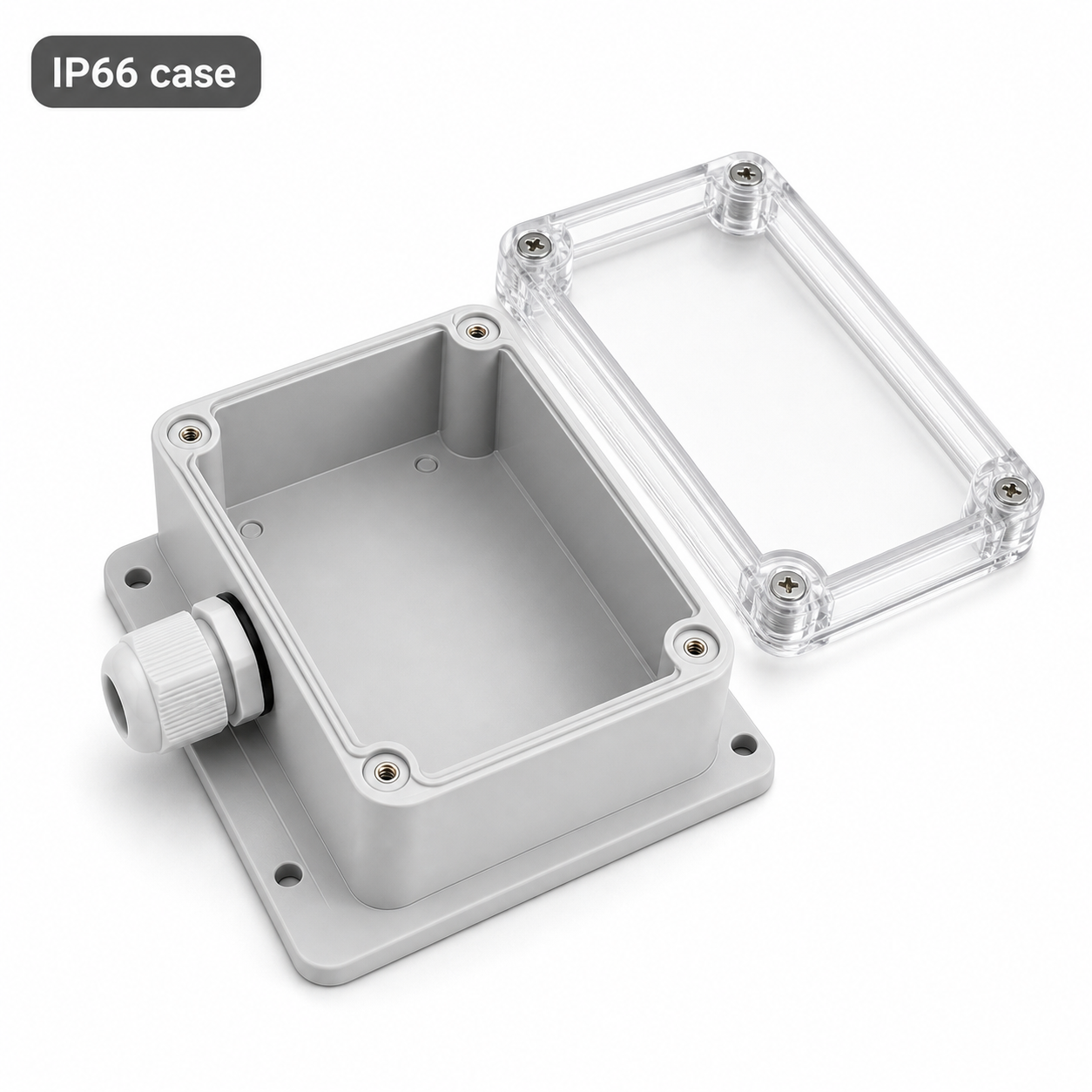 Open studio packshot of IP66 protective case with transparent lid and cable gland