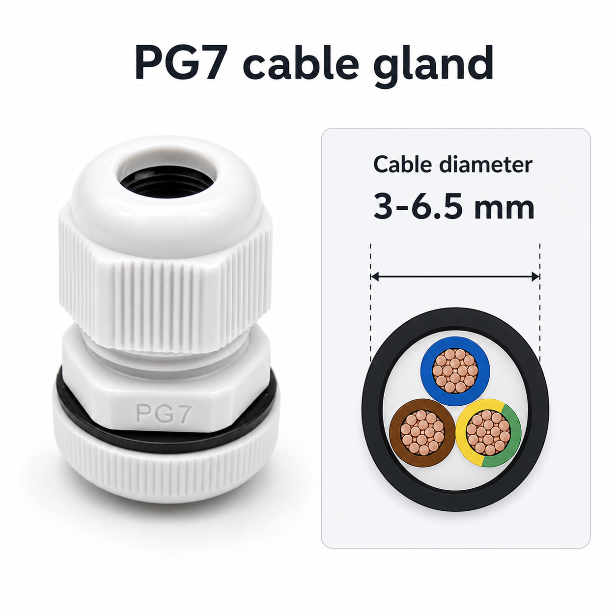 PG7 cable gland detail with 3 to 6.5 mm cable diameter diagram