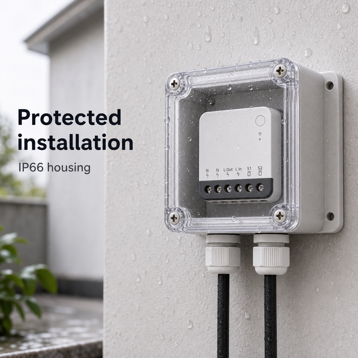 Protected wall installation of IP66 housing with cable glands and module visible through clear cover