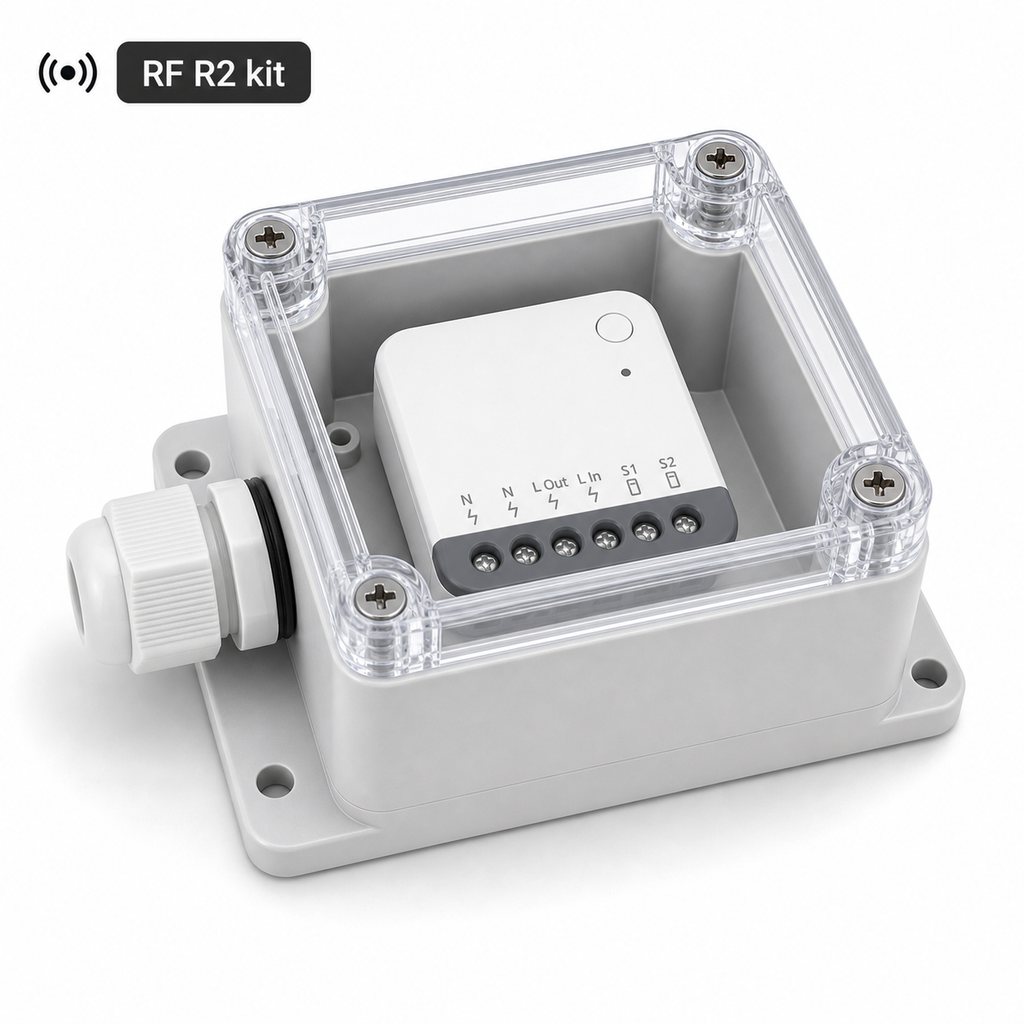 RF R2 kit variant with generic relay module installed inside IP66 protective case