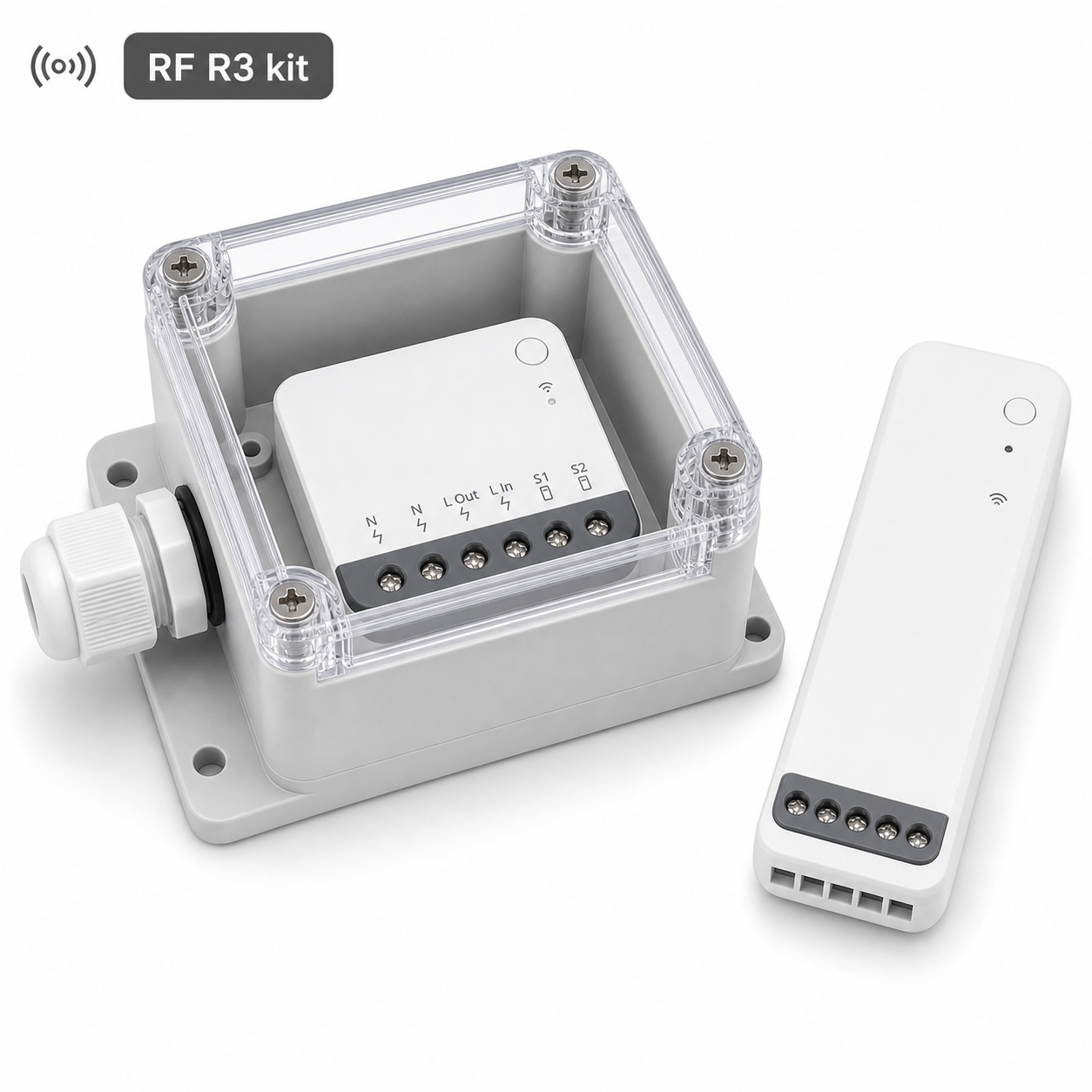RF R3 kit variant with generic RF relay module and IP66 protective case