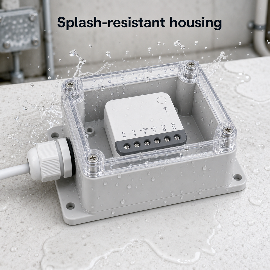 Splash-resistant housing scene with IP66 protective case and module under clear cover