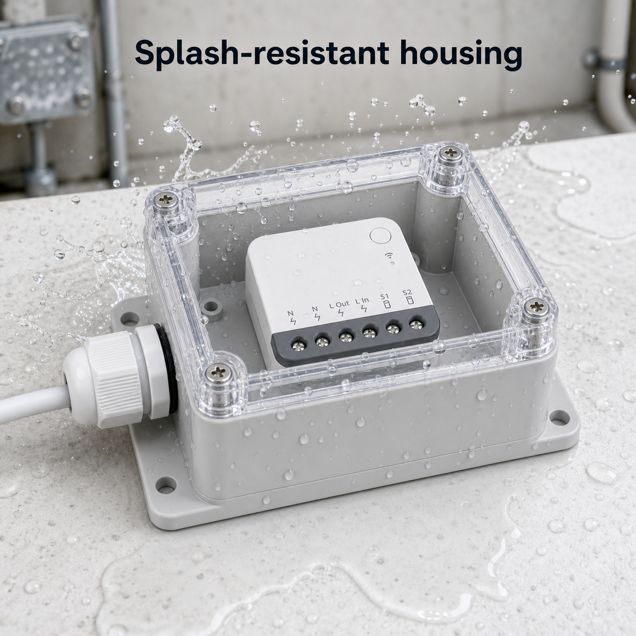 Splash-resistant housing scene with IP66 protective case and module under clear cover