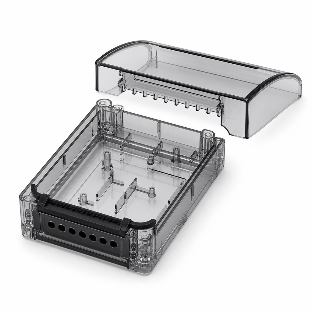 Boîtier étanche transparent pour module connecté ouvert sur fond blanc