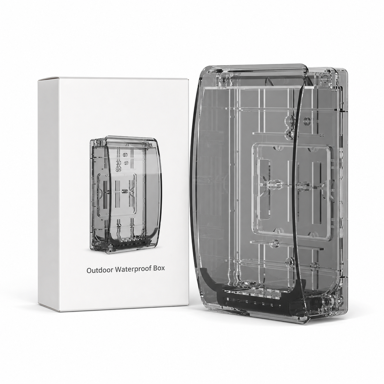 Packshot du boîtier étanche transparent avec emballage blanc neutre