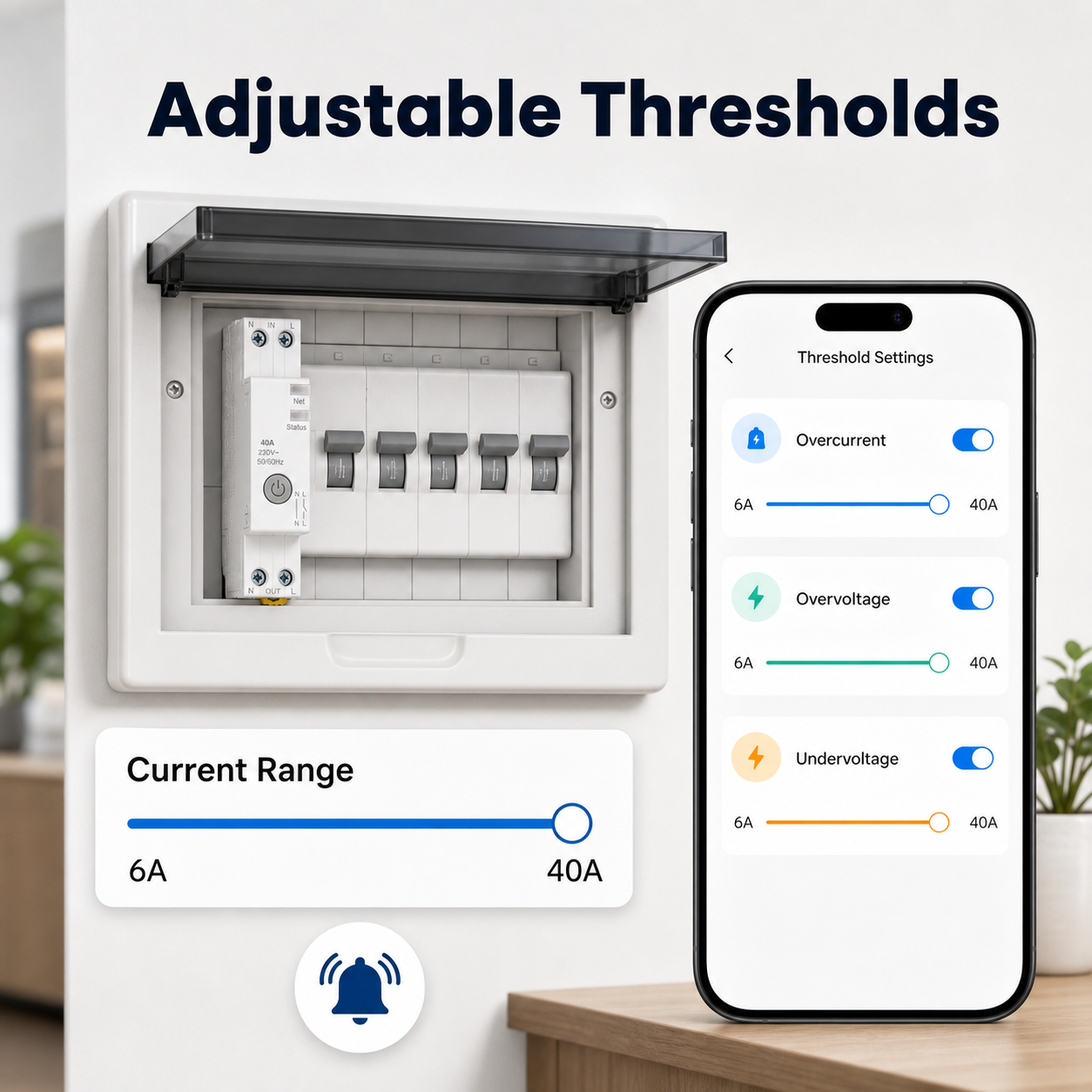 Adjustable current and voltage threshold settings for WiFi smart circuit breaker