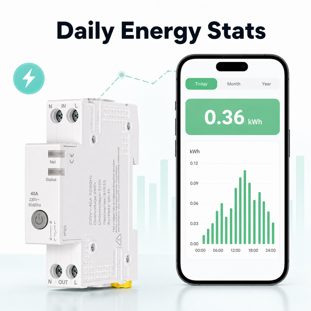 Daily energy statistics screen for WiFi smart circuit breaker