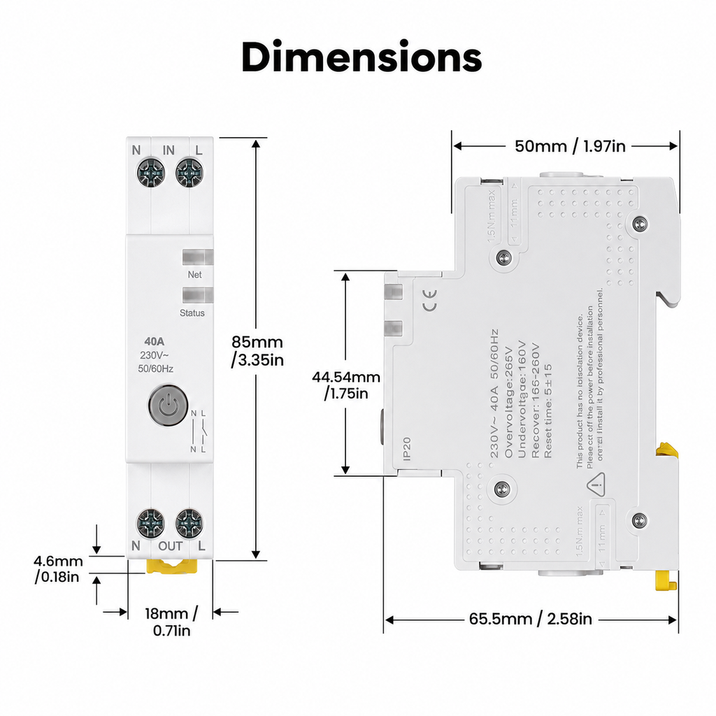 Dimension diagram for 1P 40A WiFi smart circuit breaker
