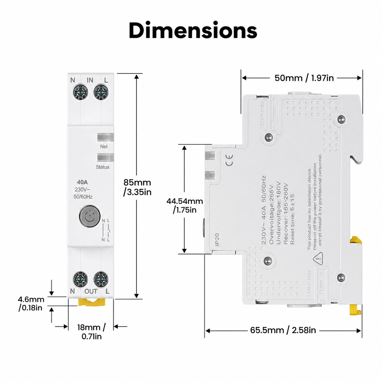 Dimension diagram for 1P 40A WiFi smart circuit breaker