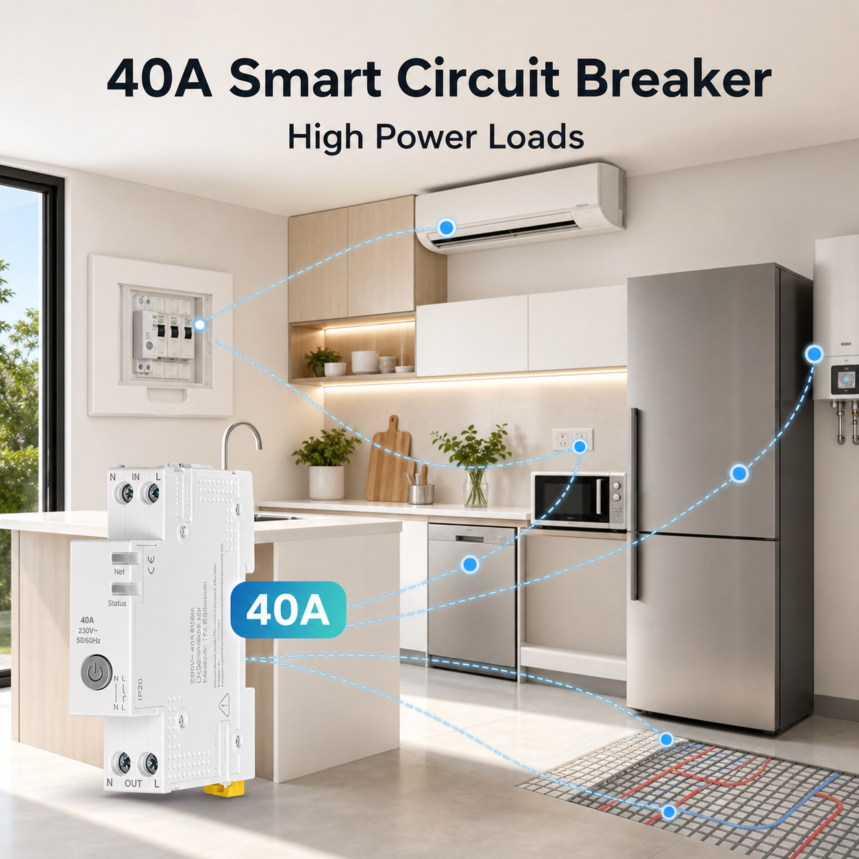 40A smart circuit breaker shown in a modern home high power load context