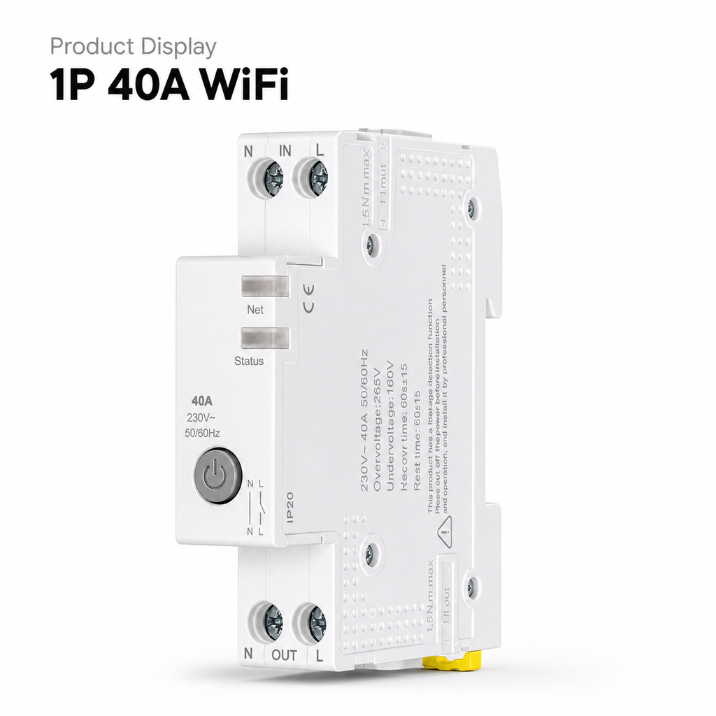 Clean product display of 1P 40A WiFi smart circuit breaker on white background