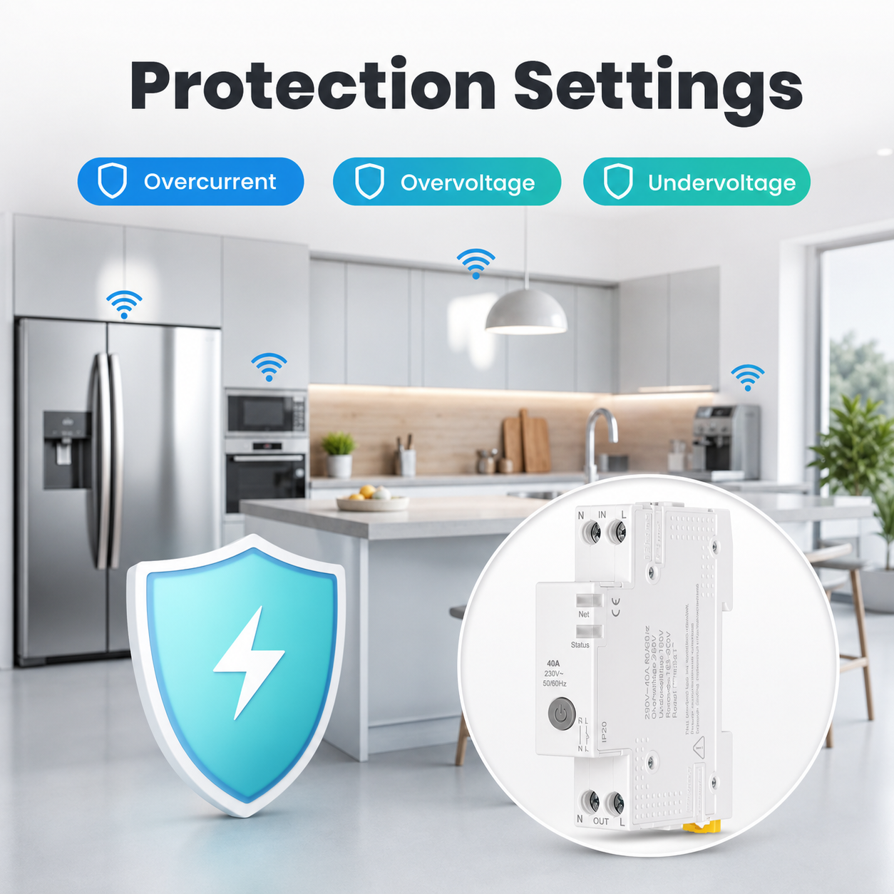 Protection settings illustration for WiFi smart circuit breaker in a modern home