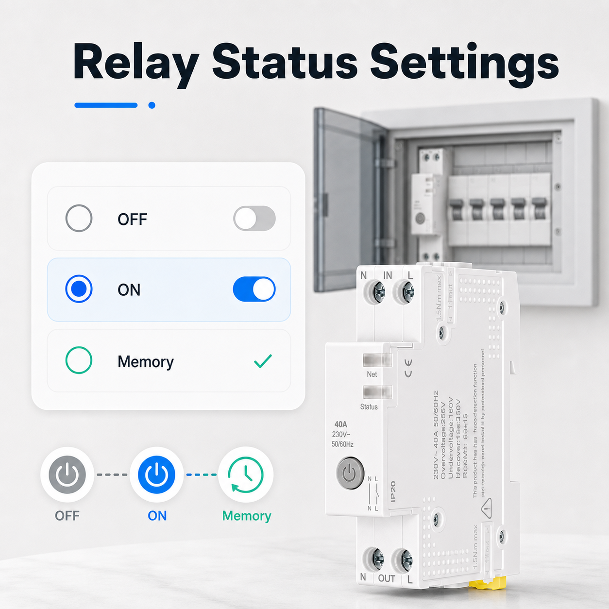Relay status settings options for WiFi smart circuit breaker