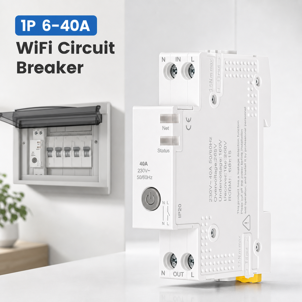 Studio packshot of 1P 40A WiFi smart circuit breaker with electrical panel context
