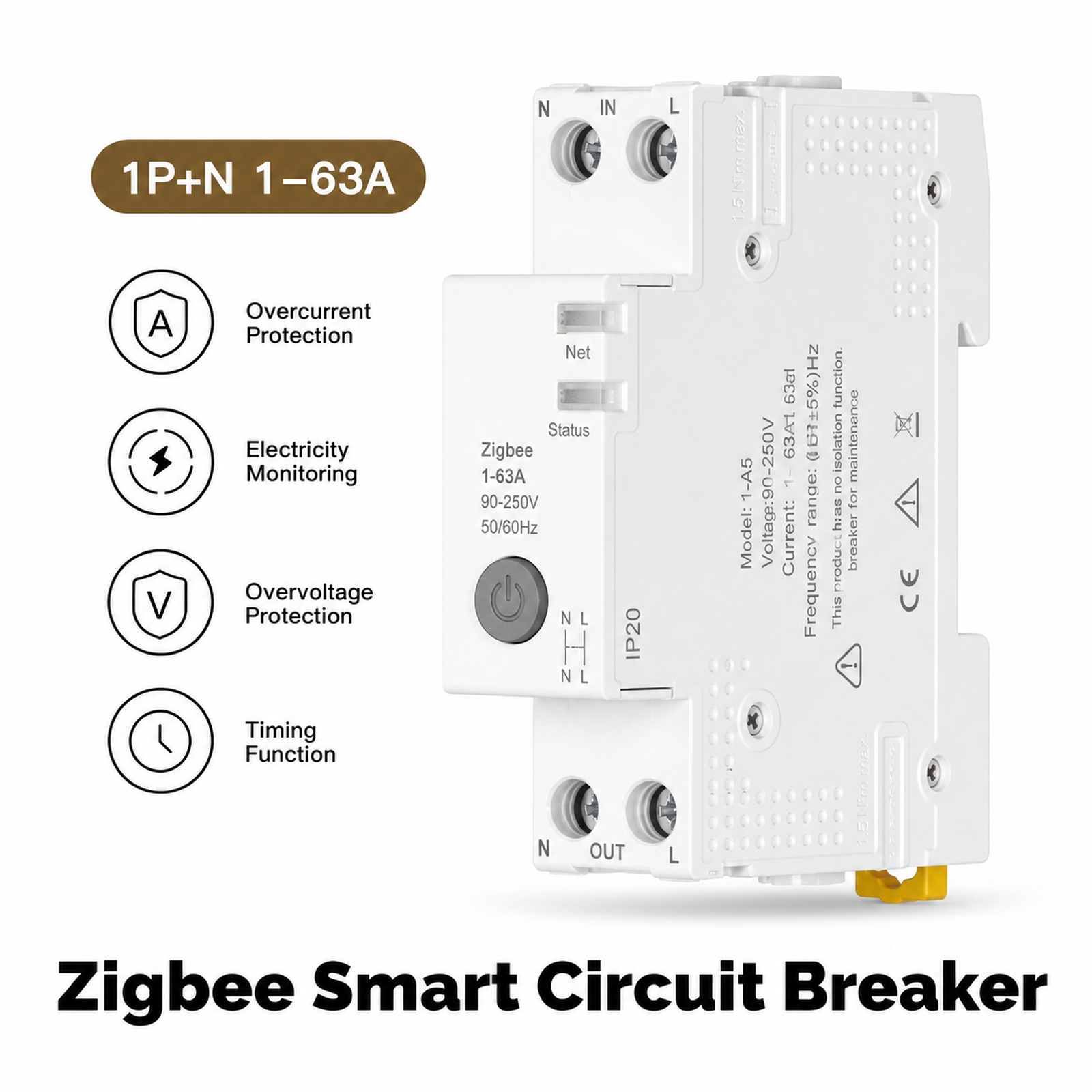 Zigbee smart circuit breaker 1P+N 1-63A clean product image