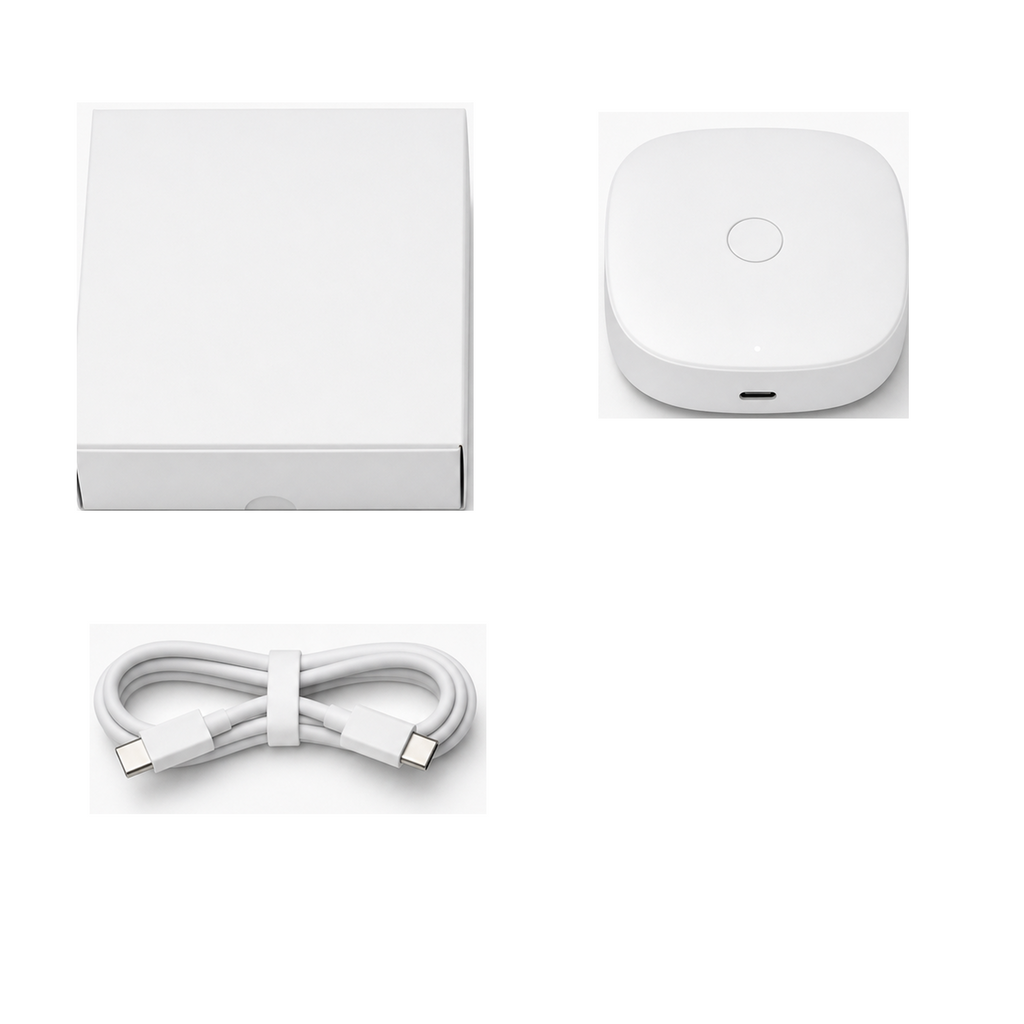 Passerelle NéoBridge Duo Mini Comfort avec boîte blanche et câble USB-C sur fond blanc