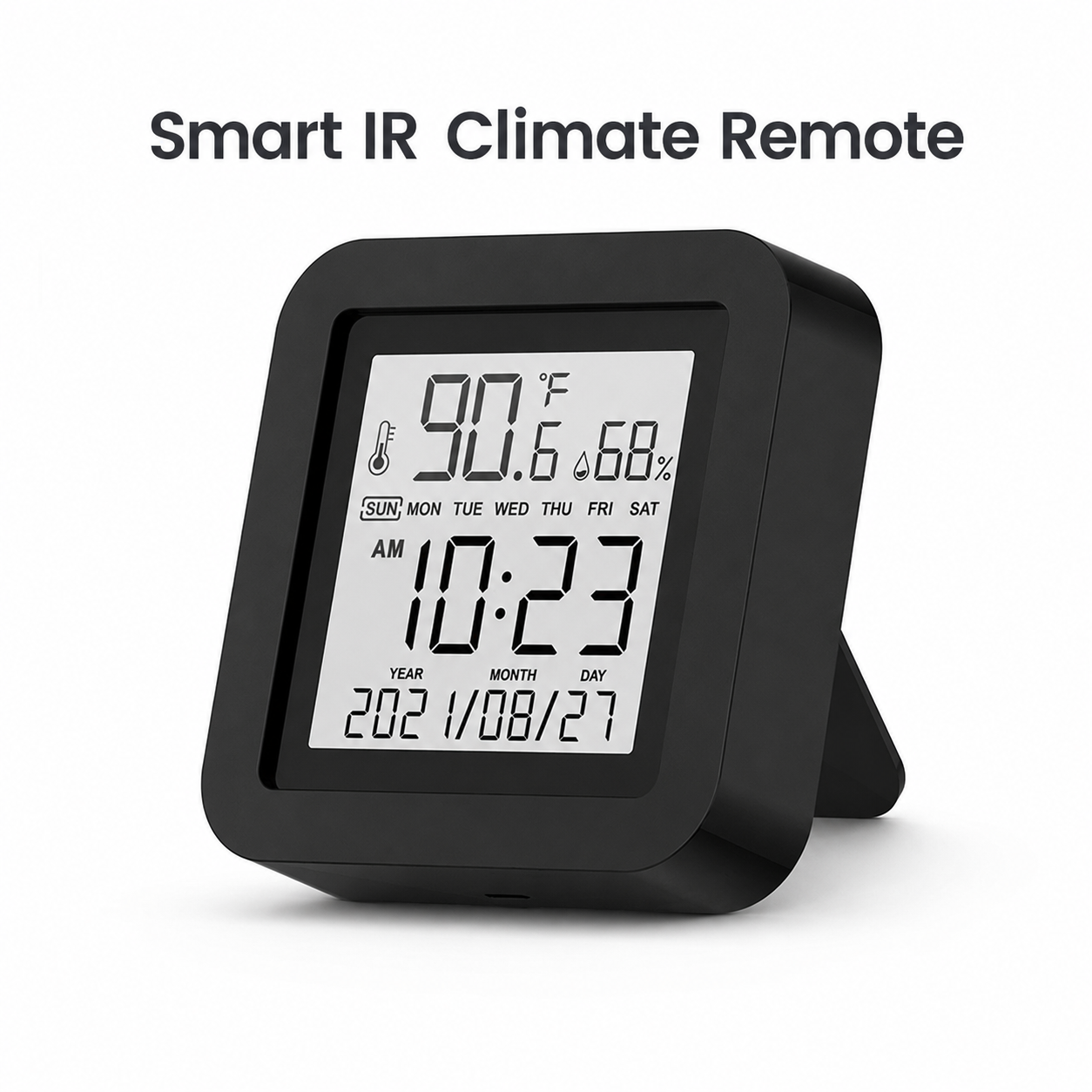 Studio packshot of Wi-Fi smart IR climate remote with temperature and humidity display