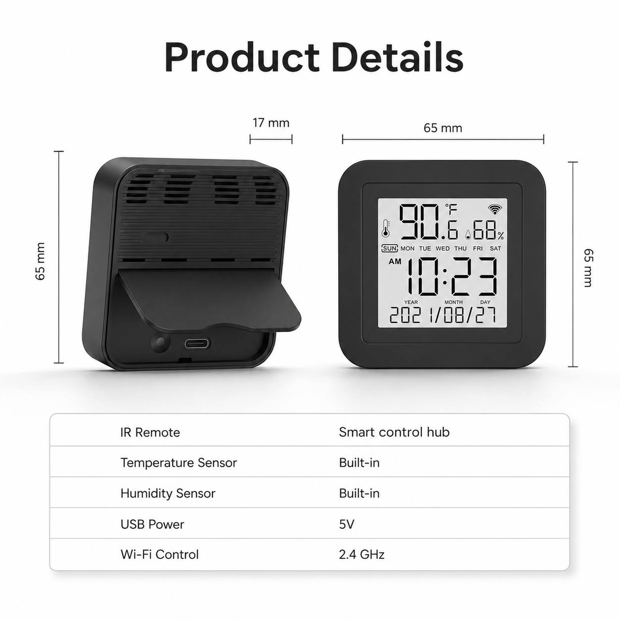 Product details and dimensions for smart IR climate remote