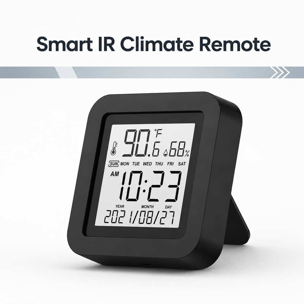 Feature card for smart IR climate remote with temperature and humidity display