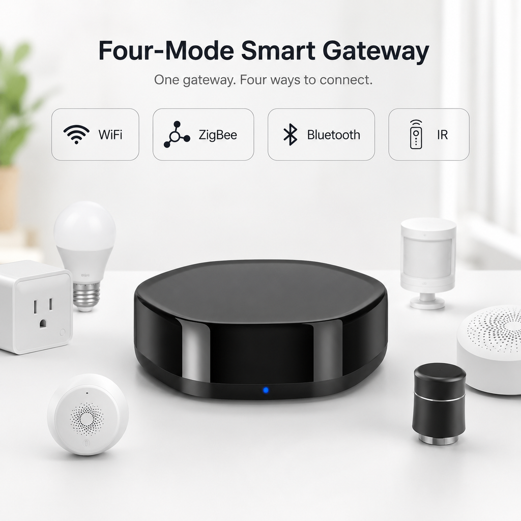 Four mode gateway overview with WiFi ZigBee Bluetooth and IR