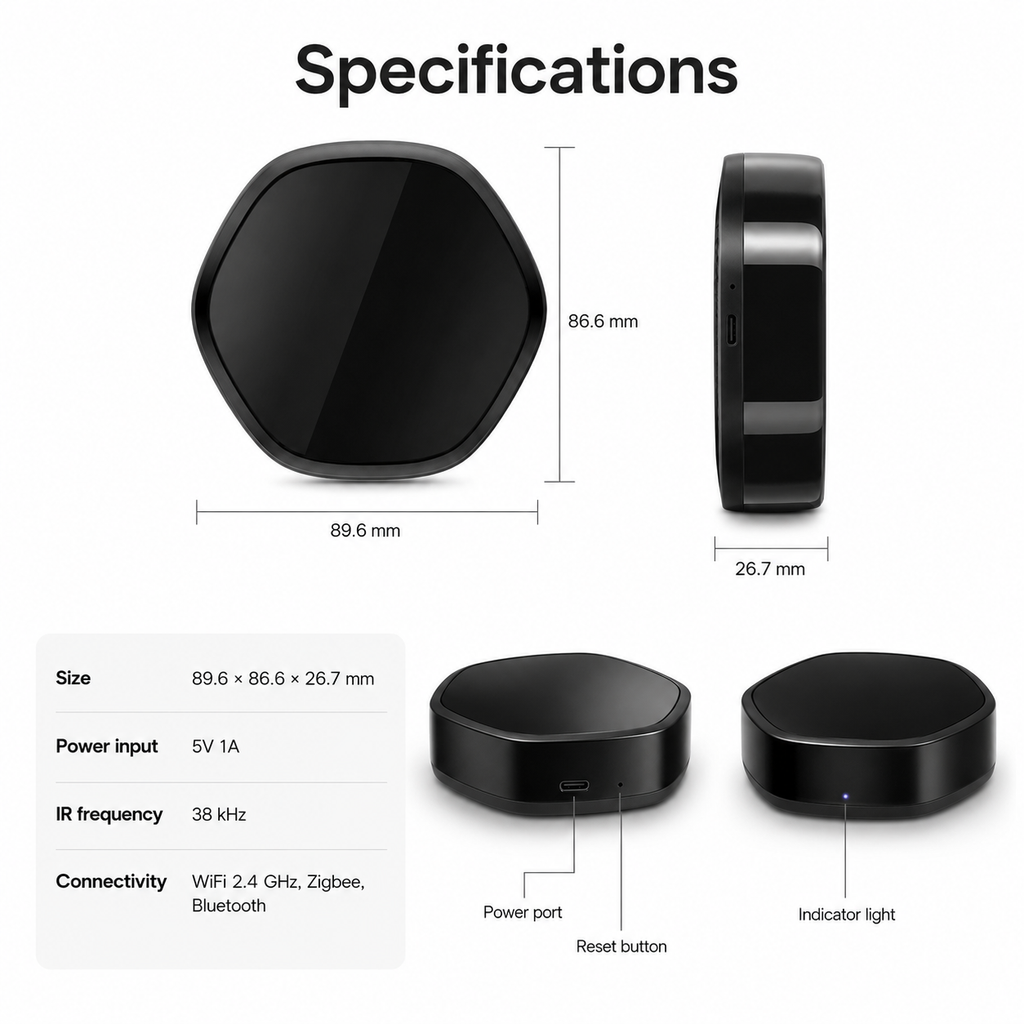 Dimensions and specifications visual for black smart gateway
