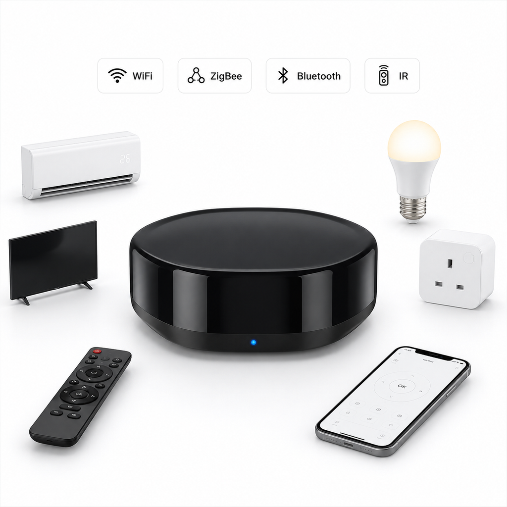Multifunctional WiFi ZigBee IR gateway packshot with generic device icons