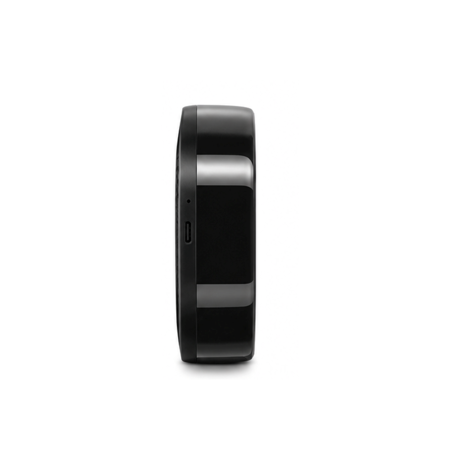 Passerelle Wi-Fi ZigBee et infrarouge noire vue de profil avec port USB-C sur fond blanc
