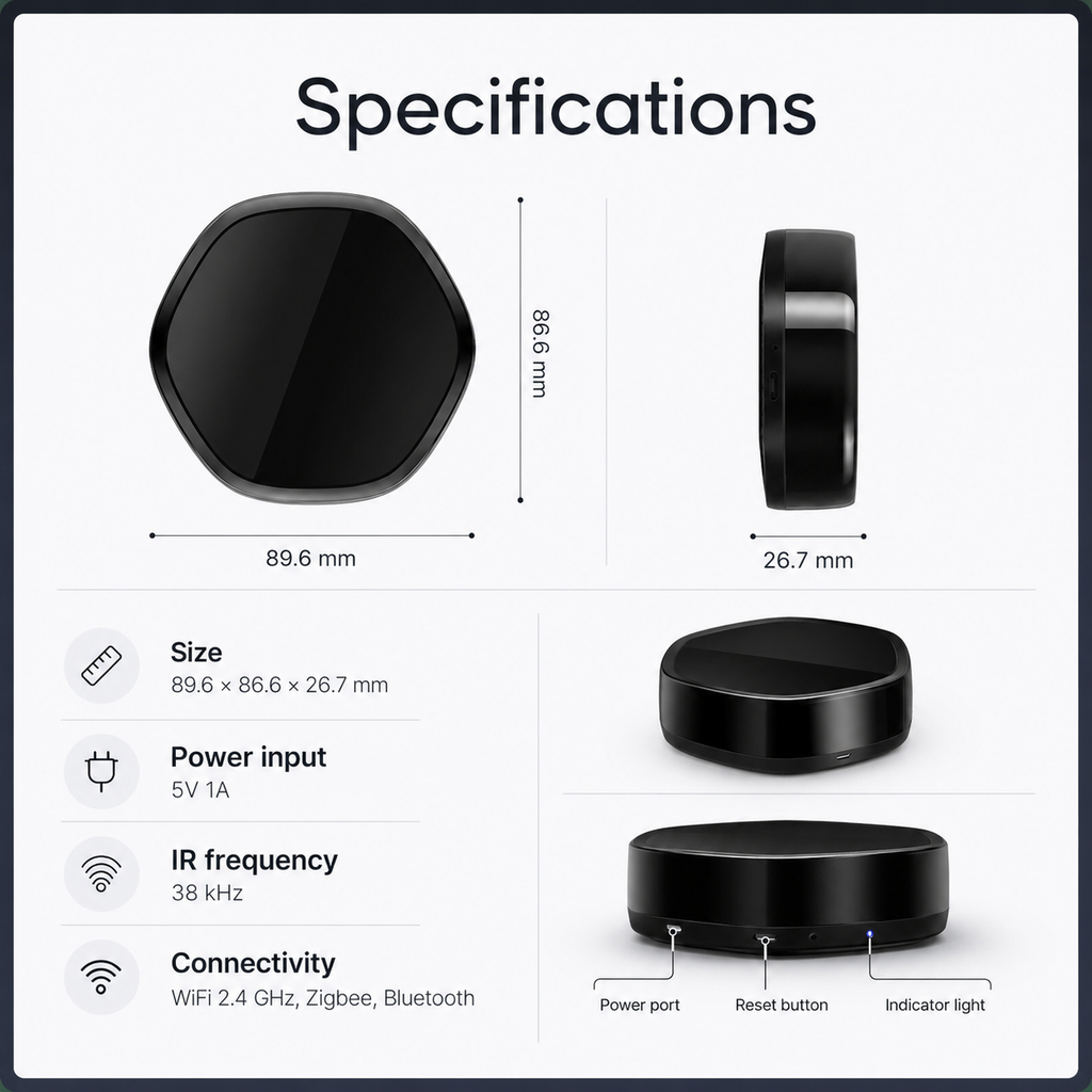 Technical specifications and dimensions for smart IR gateway
